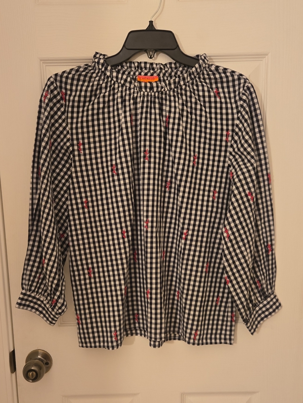 Vilagallo Black & White Gingham Blouse with Pink Beaded Detail